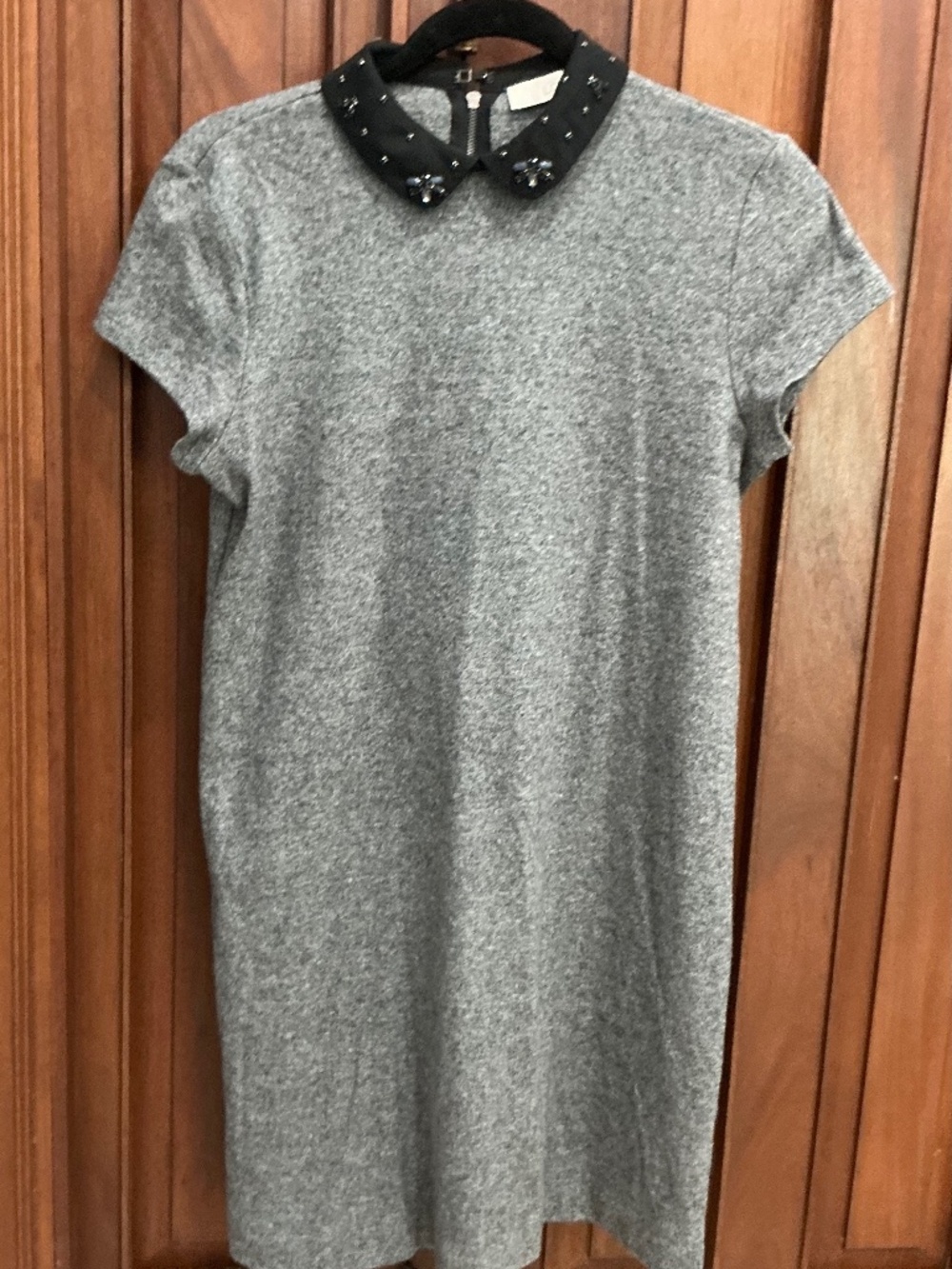 LOFT Ann Taylor: Grey Short Sleeve Shift Dress with Embellished Collar